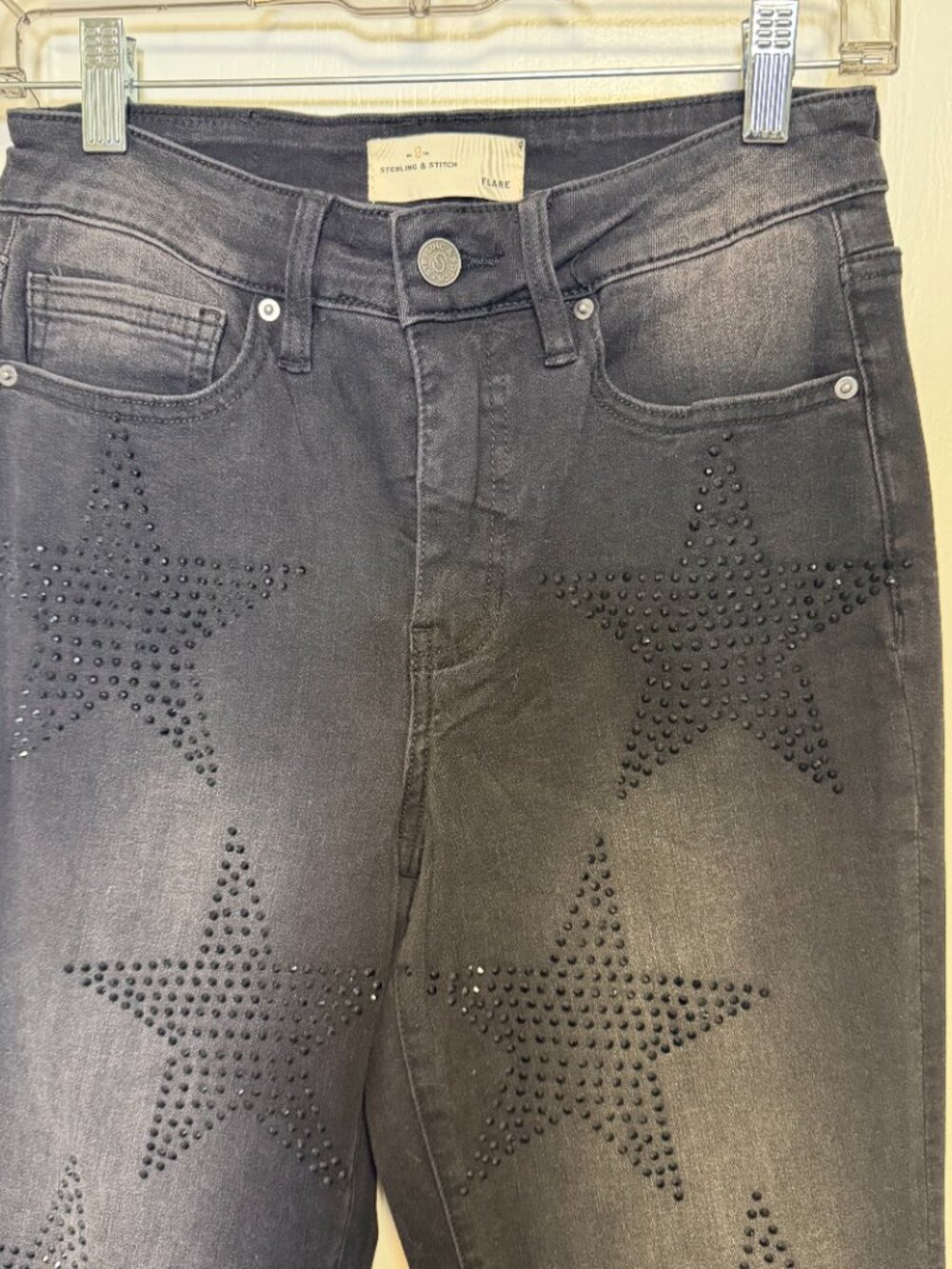 Sterling & Stitch Black Star Studded High Rise Flare Jeans Size 26 Festival